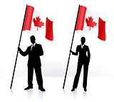 Business silhouettes with waving flag of Canada