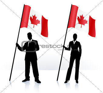Business silhouettes with waving flag of Canada