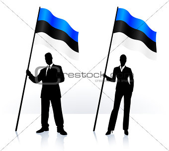Business silhouettes with waving flag of Estonia
