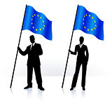 Business silhouettes with waving flag of European Union