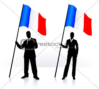 Business silhouettes with waving flag of France