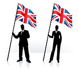 Business silhouettes with waving flag of United Kingdom