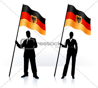 Business silhouettes with waving flag of Germany