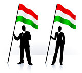 Business silhouettes with waving flag of Hungary