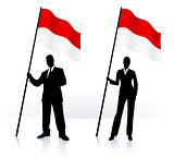 Business silhouettes with waving flag of Indonesia