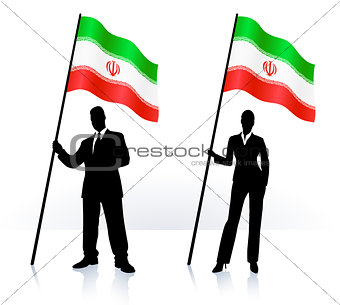 Business silhouettes with waving flag of Iran