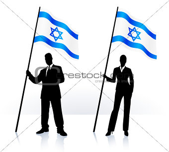 Business silhouettes with waving flag of Israel