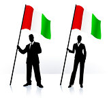 Business silhouettes with waving flag of Italy
