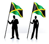 Business silhouettes with waving flag of Jamaica