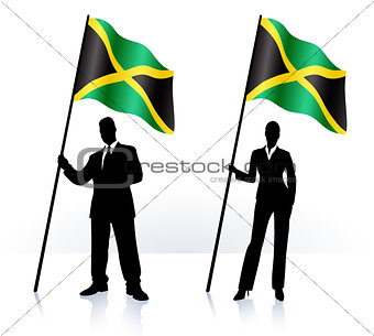 Business silhouettes with waving flag of Jamaica