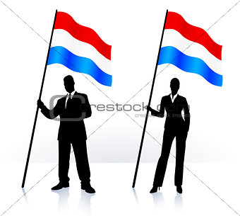 Business silhouettes with waving flag of Luxenburg