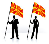 Business silhouettes with waving flag of Macedonia