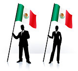 Business silhouettes with waving flag of Mexico