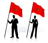 Business silhouettes with waving flag of Morocco