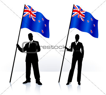 Business silhouettes with waving flag of New Zeland
