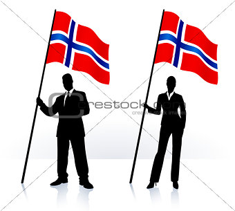 Business silhouettes with waving flag of Norway