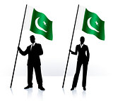 Business silhouettes with waving flag of Pakistan