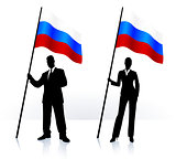 Business silhouettes with waving flag of Russia