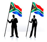 Business silhouettes with waving flag of South Africa
