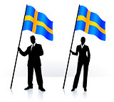 Business silhouettes with waving flag of Sweden 