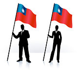 Business silhouettes with waving flag of Taiwan