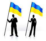 Business silhouettes with waving flag of Ukraine