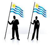 Business silhouettes with waving flag of uruguay