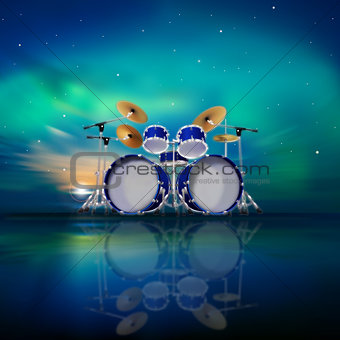 abstract music background with sunrise and drum kit
