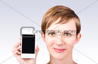 Woman holding phone in hand with empty screen