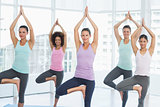 Fit class standing in tree pose at fitness studio