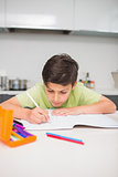 Concentrated boy doing homework in kitchen