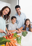 Family chopping vegetables in the kitchen