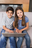 Portrait of young siblings using laptop in living room