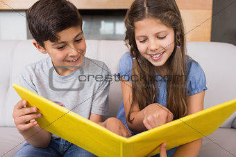 Smiling siblings looking at photo album in living room