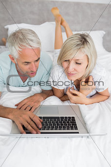 Mature couple using laptop in bed