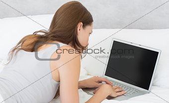 Rear view of a woman using laptop in bed