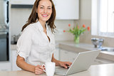 Smiling woman using laptop in the kitchen