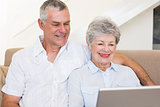 Senior couple using laptop on sofa