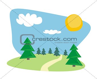 Landscape with trees at sunny, blue sky day. Vector illustration isolated on white background.