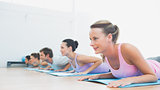 Class exercising in row at fitness studio