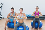 People with joined hands on exercise balls in gym