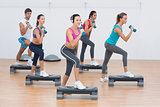 Fitness class performing step aerobics exercise with dumbbells