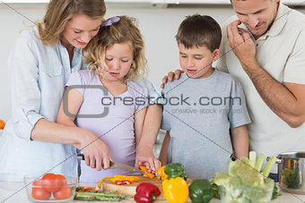 Family chopping vegetables in kitchen