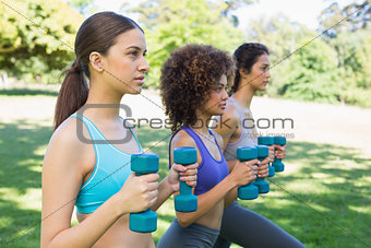 Sporty friends lifting dumbbells in park