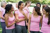 Volunteers discussing during breast cancer awareness