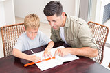 Handsome father helping son with homework at table
