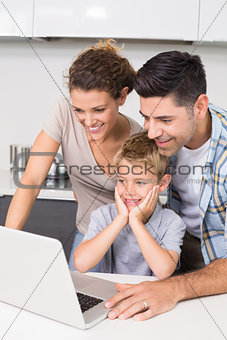Parents using laptop with their son