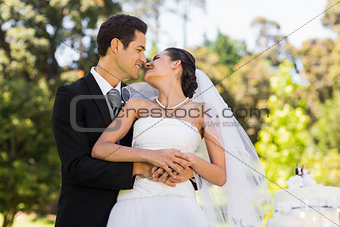 Newlywed about to kiss besides wedding cake at park