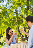 Couple toasting champagne flutes at an outdoor café
