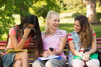 Happy female college friends sitting on campus bench